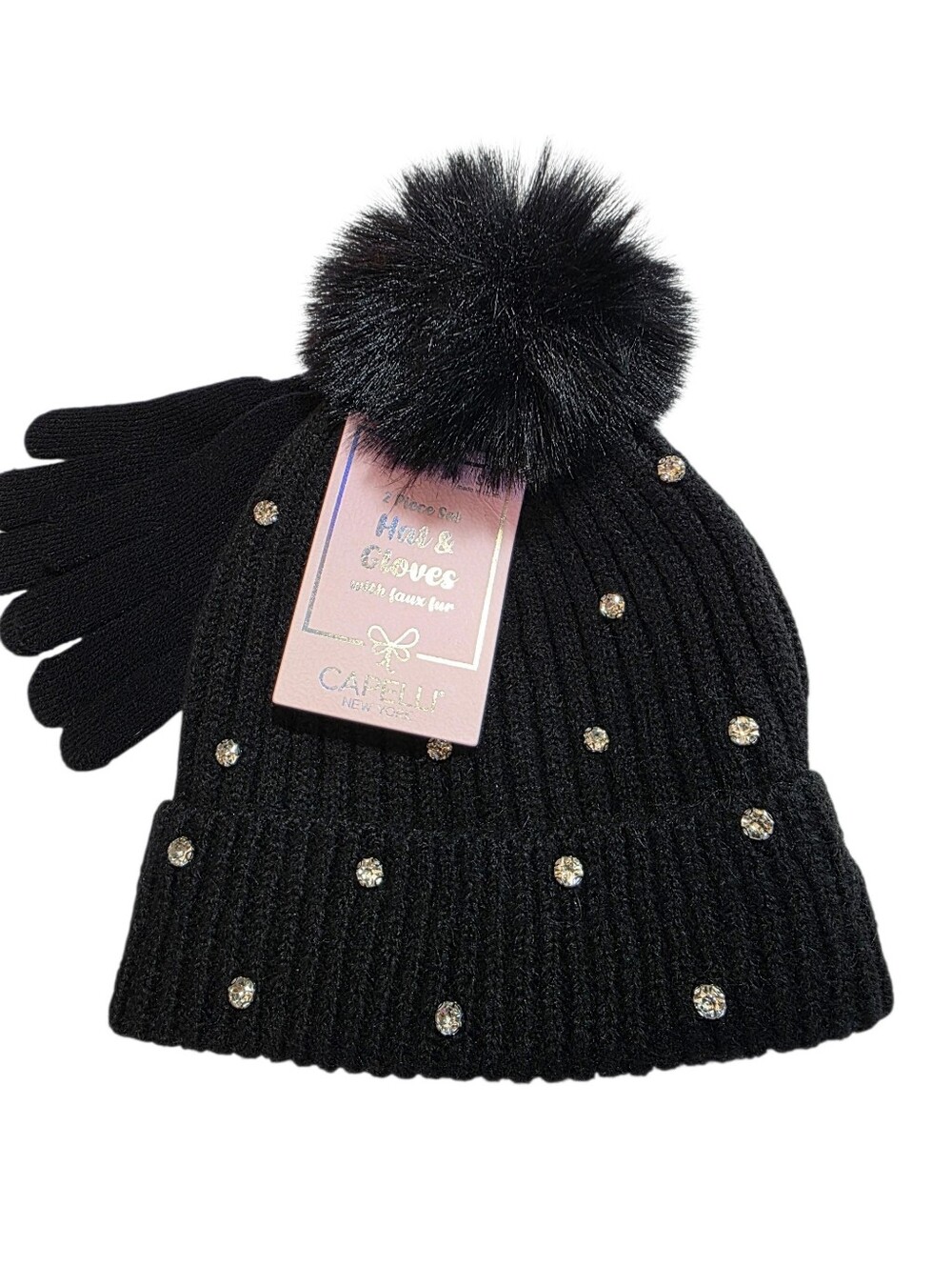 Black Pom Pom Hat & Gloves Set with Rhinestone Accents Age 4-6